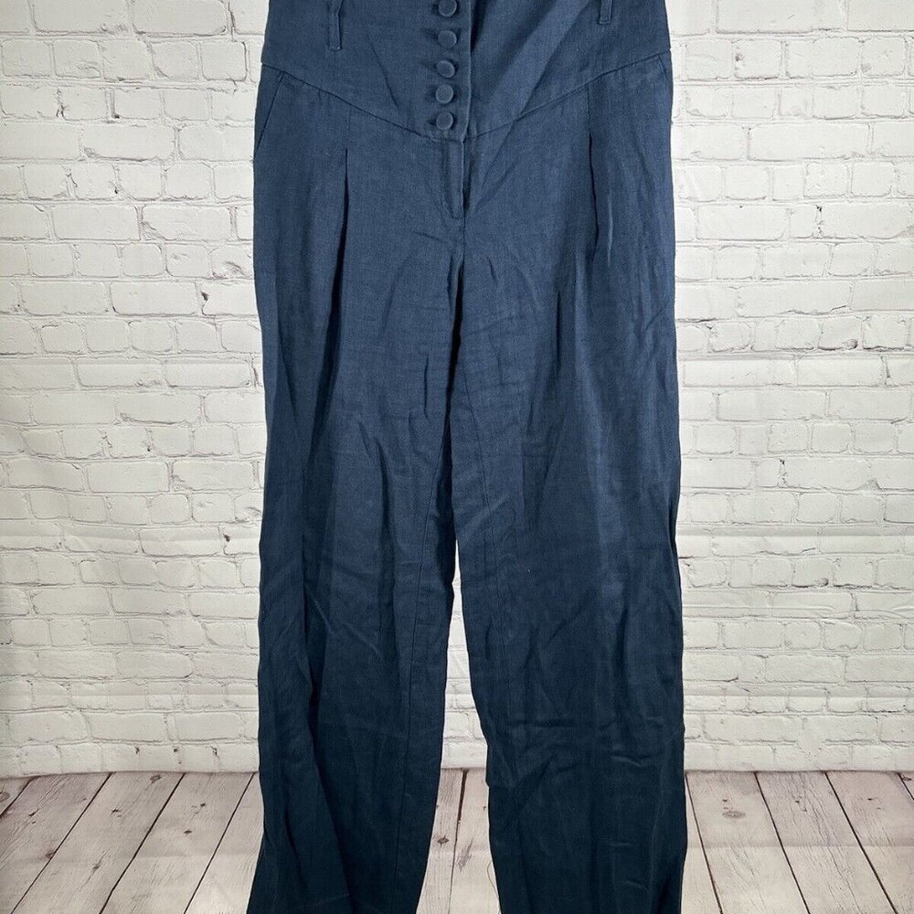 MNG SUIT Blue High Waisted 100% Linen Wide Leg Trousers Dress Pants 8 (29 x 32)